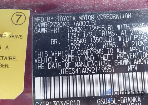 2009 Toyota Highlander z USA, uszkodzony, nr VIN JTEES41A092119551